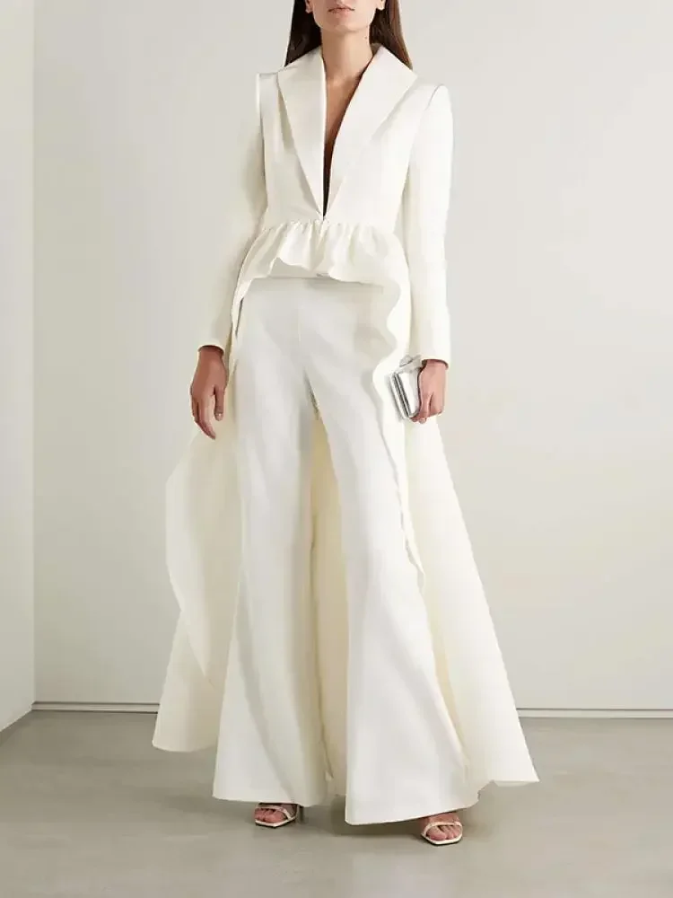 Bonboho Women's White Blazer Suit Extra-long Pleated Long Sleeves Coat and High Waist Straight Pants 2025 Elegant Banquet Sets