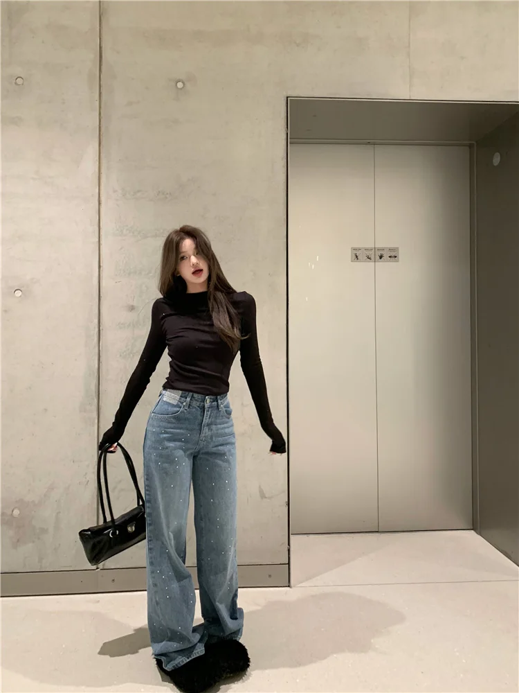 Benuynffy Women Streetwear Loose Vintage Jeans Korean Fashion Rhinestone Y2K Casual High Waist Female Straight Leg Denim Pants — zdjęcie 4