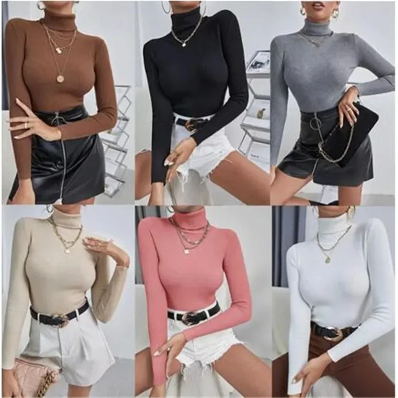 

On Sale Winter Spring Women Knit Solid Turtleneck Pull Sweater Casual Rib Jumper Tops Female Home Pullover Y2K Clothing