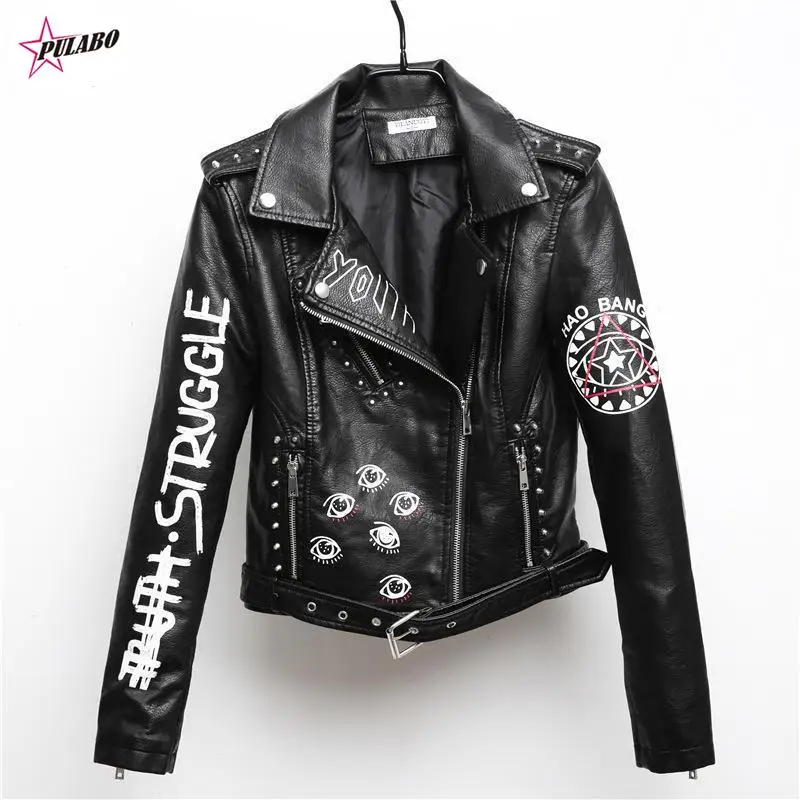 Word Print Fashion Women Smooth Motorcycle Faux Leather Jackets Ladies Long Sleeve Autumn Winter Biker Streetwear Black Coat