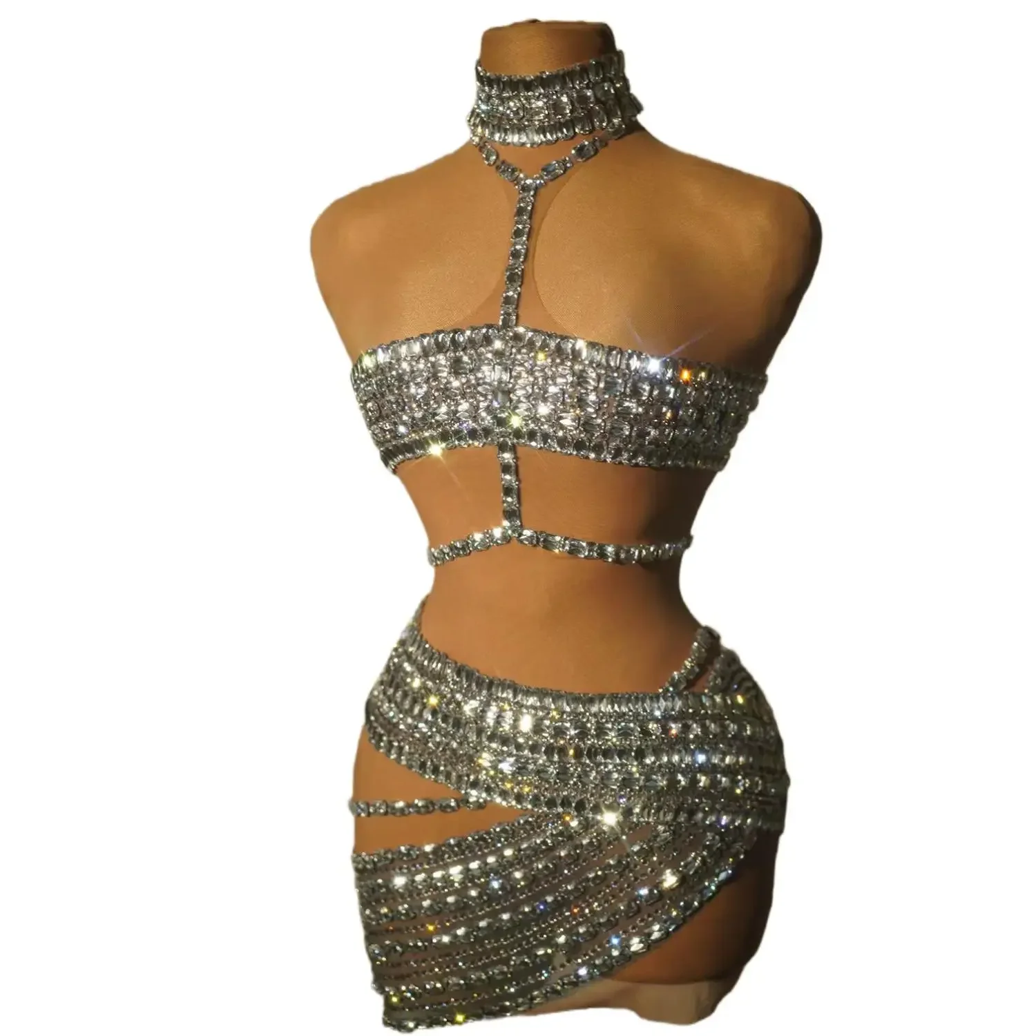 Strass di lusso Sexy scava fuori il vestito corto trasparente senza schienale donna compleanno sera festeggia abiti da festa Fangtang