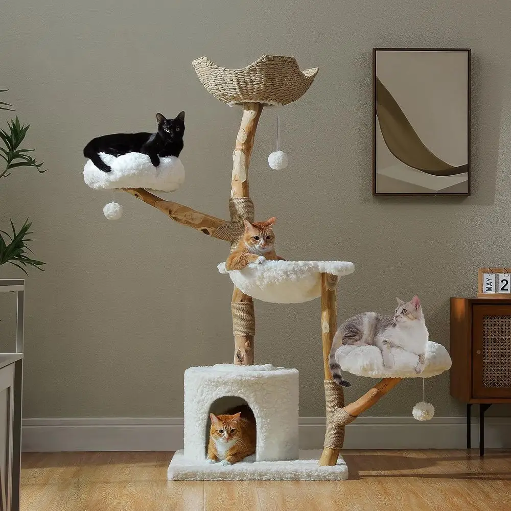 

59 Tall Luxury Cat Tree with Basket and Hammock for Large Indoor Cats, Natural Wood, White