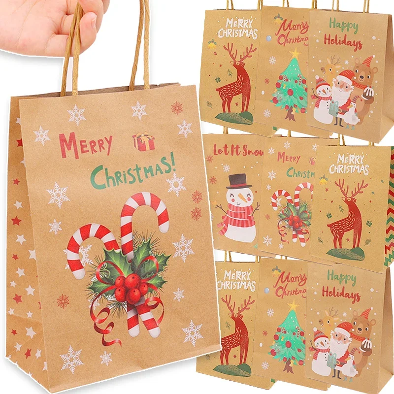 20/5PCS Christmas Kraft Paper Bag Gift Candy Hand-held Shopping Bags Merry Christmas Snack Present Packaging Tote Bag Home Decor