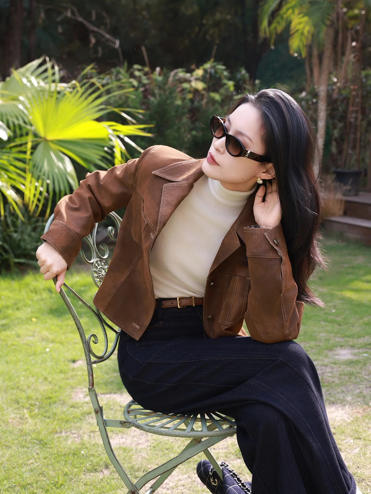 

JIEJI Zhang Qi Spring Vintage Leather Jaet ort Caramel Color Fce Sensation Versatile Cotton Sandwiched Jaet Coat