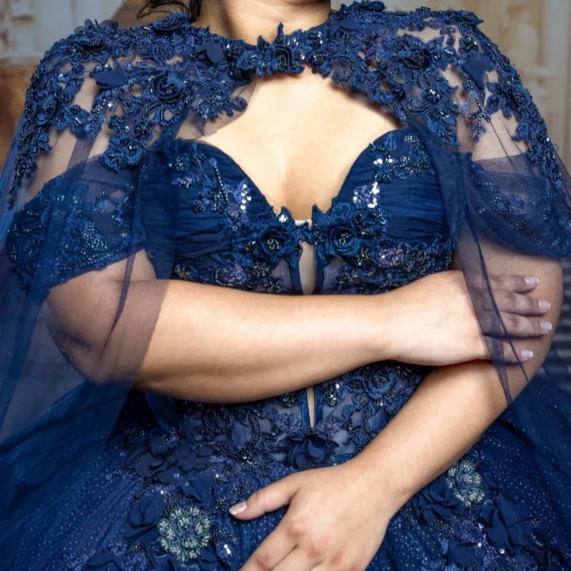 

Shiny Dark Blue Quinceanera Dress off-shoulder Sequins 3D Flower Decal Long tail Bow vestidos de 15 Quinceanera ﻿Customize