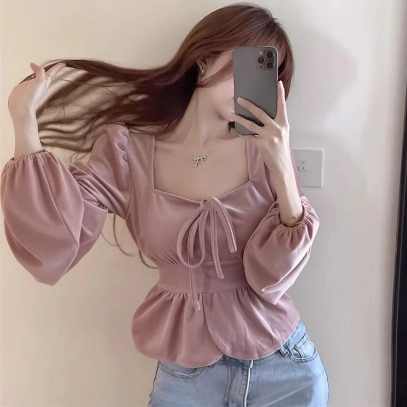 Velvet Blouses Women Crop Tops Vintage Bandage Elegant Slim Lantern Sleeve Streetwear Females All-match Pure Chic Blusas Clothes