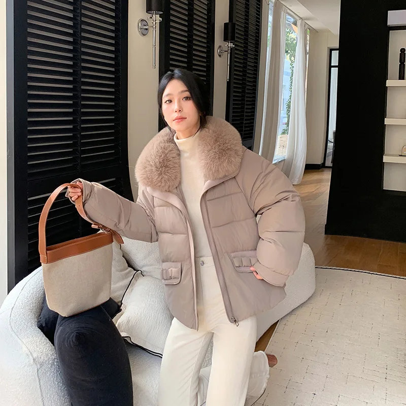 Inverno quente gola de pele feminina parka moda confortável bolsos com zíper design algodão acolchoado jaqueta elegante fino grosso casaco feminino