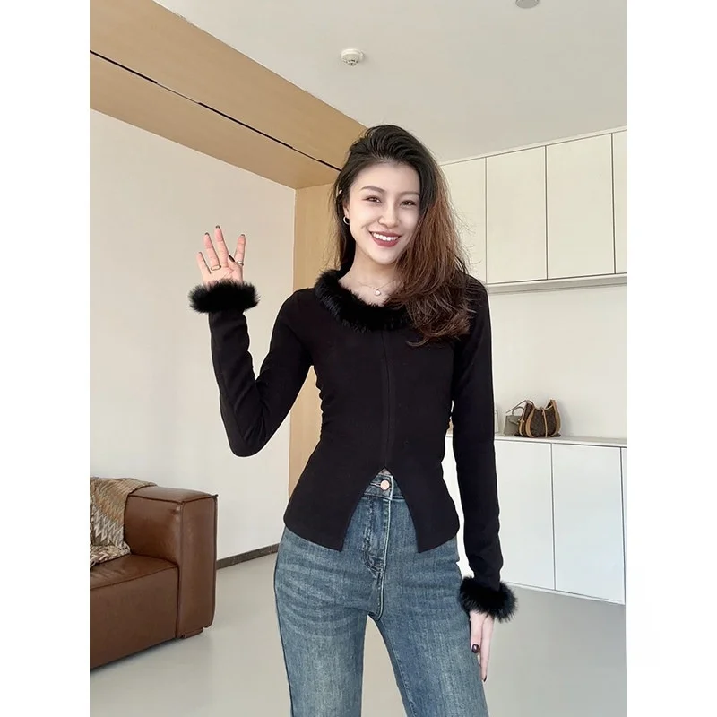 

Winter New Sle Slim Fit Bla Fur Splicing Top Inner Wear Korean Version Commute Sle V-Ne Zipper Long Sve T-irt