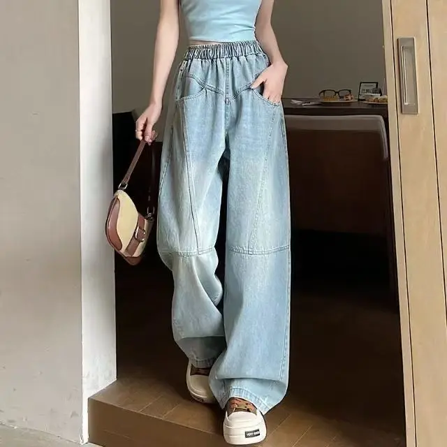 Vintage Mode Stil Frauen Denim Jeans Hohe Taille Tasche Kontrast Farbe Lose Breite Bein Hosen Übergroße Hosen