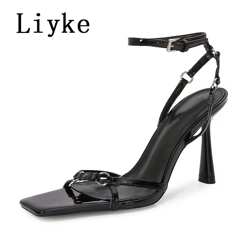 

Liyke/летние лаконичные женские сандалии с металлической пряжкой, модные сандалии-гладиаторы на высоком каблуке с квадратным носком, женские вечерние модельные туфли