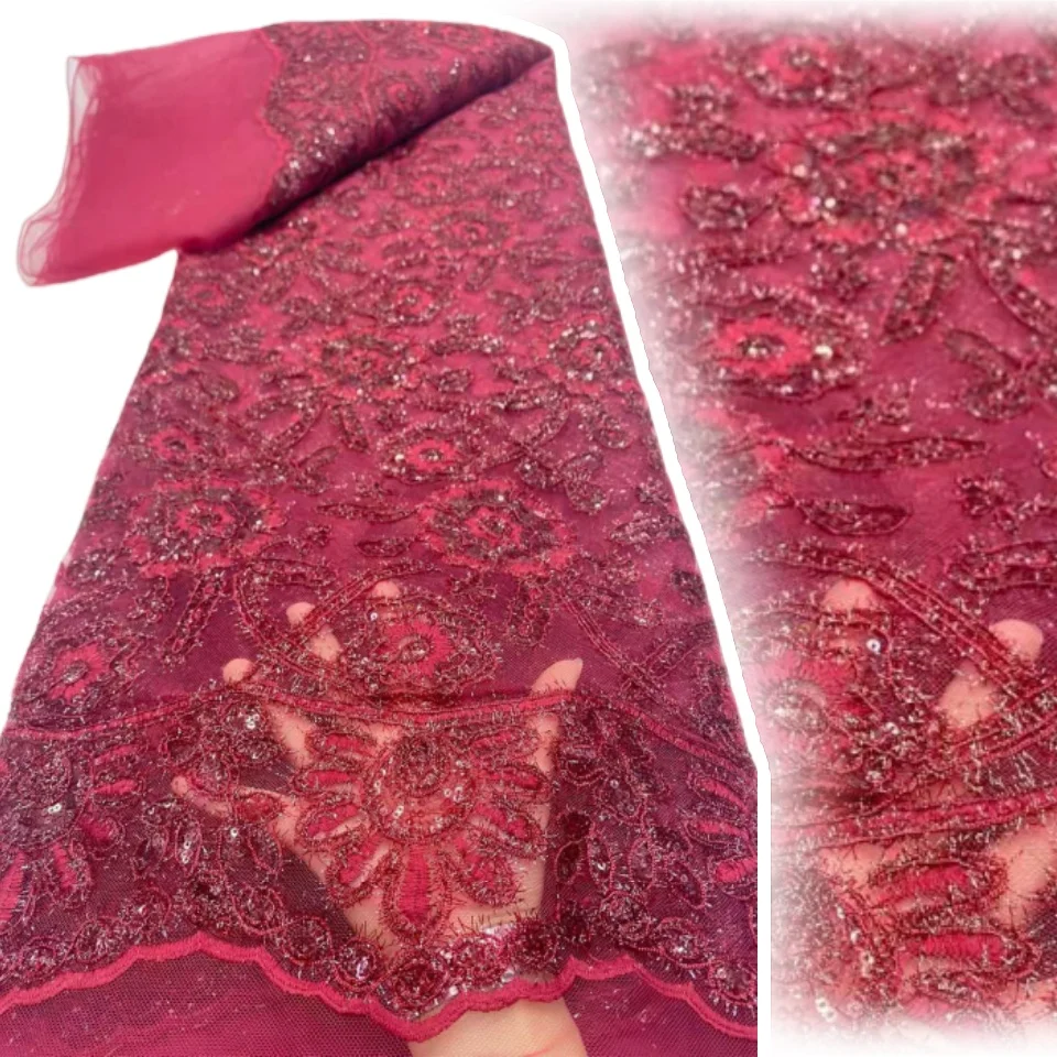 

Красное африканское кружево с вышивкой и бисером, 5 ярдов, 2026, Премиум-класс, нигерийское кружево с пайетками, подходит для женских праздничных платьев, 2556