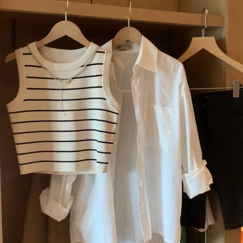 Korean Elegant Chic Knit Vest Stripe Casual Sweet Office Lady Cardigan Women's Sweater Jacket Vintage Basic Tank Top Outerwears