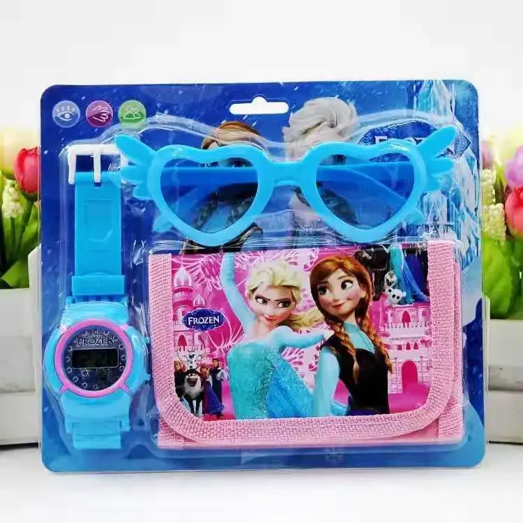 Disney Frozen Dolls Children\'s Watches Anime Figures Sunglasses Watch Set Electronic Toy Watch Wallet Sets Kids Birthday Gifts