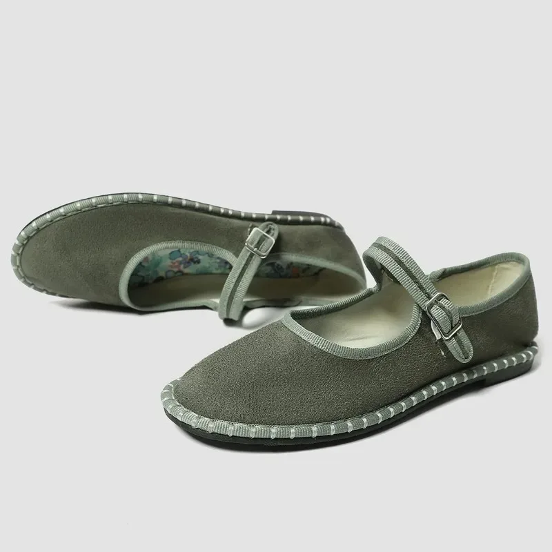 Velvet Round Toe Casual Flats Women Sewing Lightweight Brand Mary Jane Shoe Buckle Print Insole Comfort Retro Ballet Flats Women