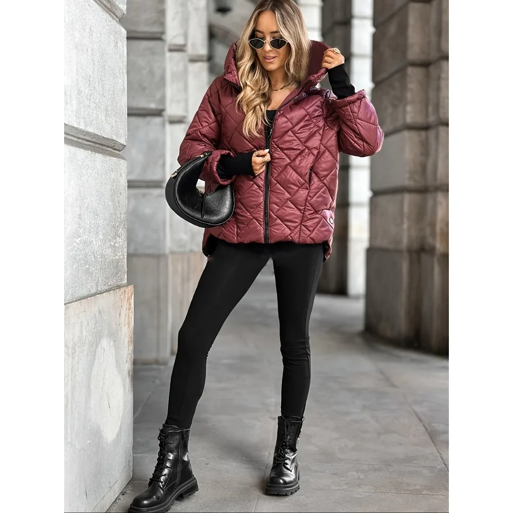 Herbst und Winter Neue Mode Kapuzen-Modejacke Lose Langarm Patchwork Baumwolljacke Damen Winterjacke Gesteppter Mantel – Detail 8