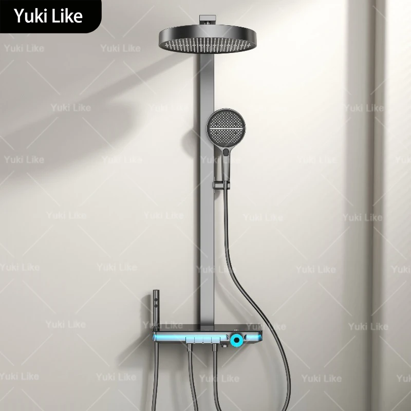 

Gunmetal Gray Household Thermostatic Digital Display Shower Set Bathroom Ambient Lighting Effect Boosting Shower System Set