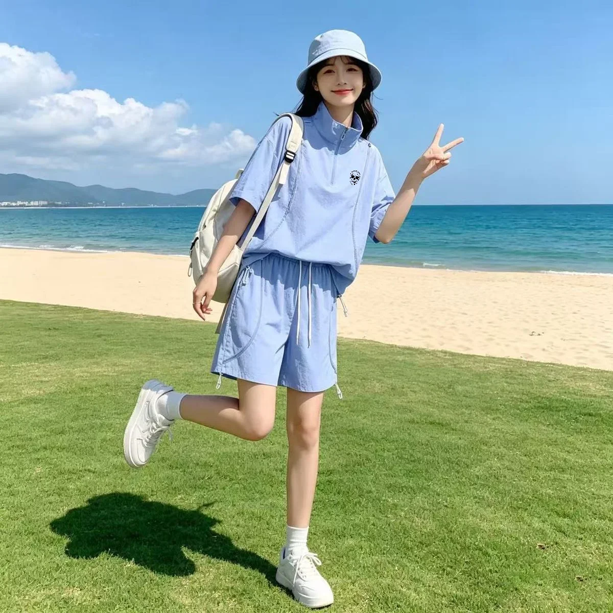 Summer Men and Women Sun Protection Golf Wear Couple's Top and Shorts Set Ice Silk Cool Casual Loose Stand Collar Golf Clothing