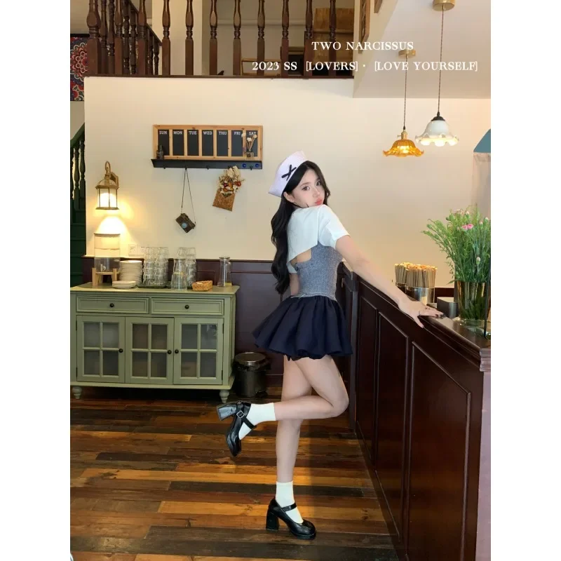 Estate dolce colletto blu scuro pantaloni tutu vuoti vestito Lolita abbigliamento donna Y2k estetica 2 colori elegante uniforme Jk carnevale