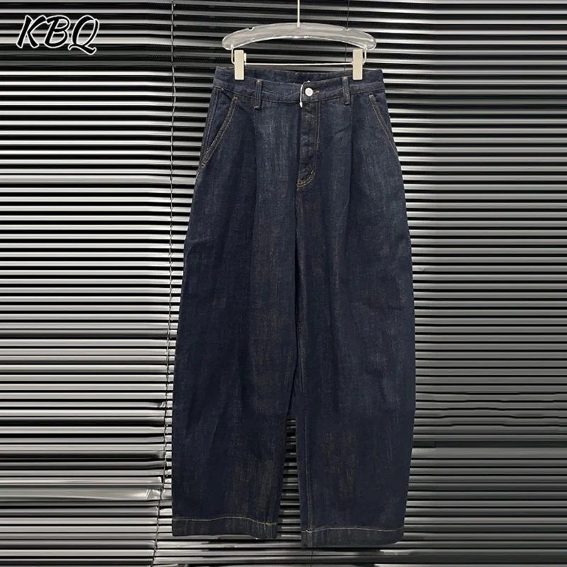 KBQ الصلبة تقسم جيوب فضفاضة جينز غير رسمي للنساء عالية الخصر تصميم الشعور مستقيم بنطلون أنثى الاسلوب المناسب شتاء جديد