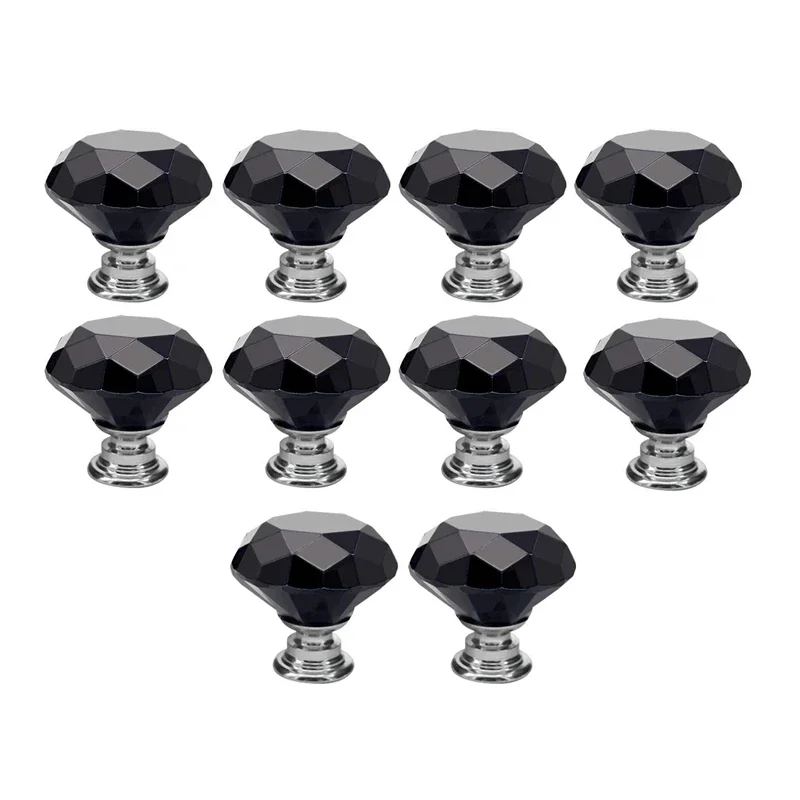 Black 10Pcs 30mm Crystal Glass Cabinet Knobs Diamond Shape Drawer Kitchen Cabinets Dresser Cupboard Wardrobe Pulls Handles
