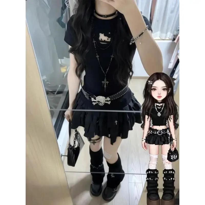 

Y2K American Retro Sweet Cool Hollow Kit ort Sve T irt Bla Summer Spicy Girl Top для женщин 8-25 лет