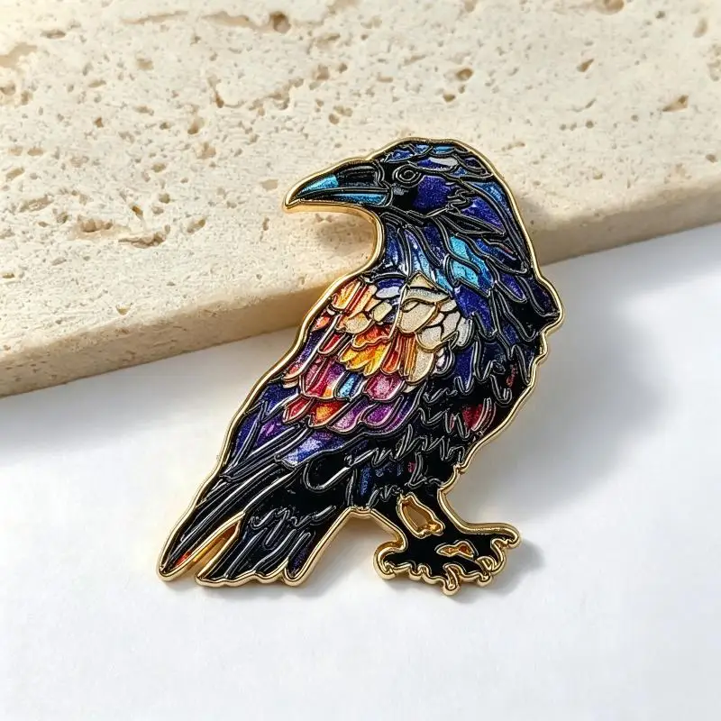 Colorful Enamel Raven Brooch Stained Glass Inspired Design Sturdy Alloy Base For Jackets Backpacks Gothic Jewelry Lovers