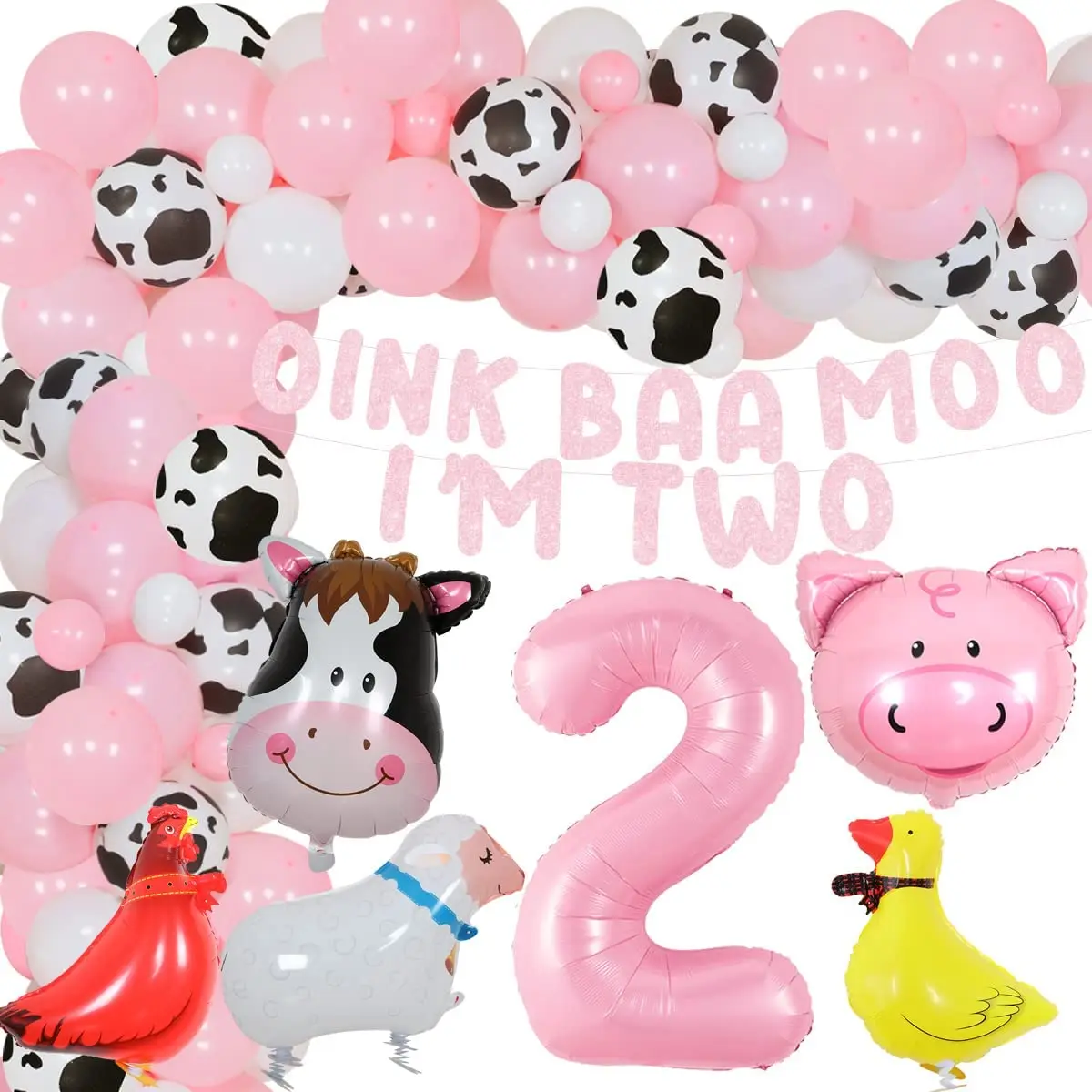 

Pink Farm Cow Animals Theme 2nd Birthday Party Decorations for Girls Cartoon Animal Balloon Garland Oink Baa Moo I Am Two Banner