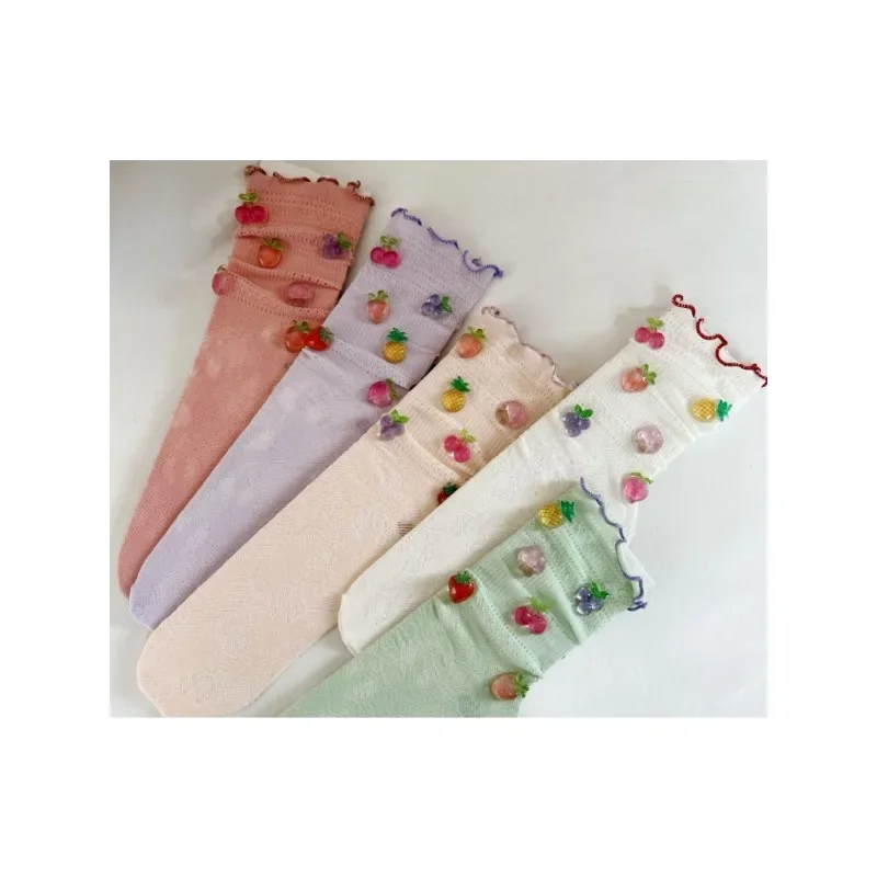 Y2K Mädchen Socke Bonbonfarbene Obst Party Millennial Spitze Fischnetz Wadensocke Frühling und Sommer Süße Kawaii Socken