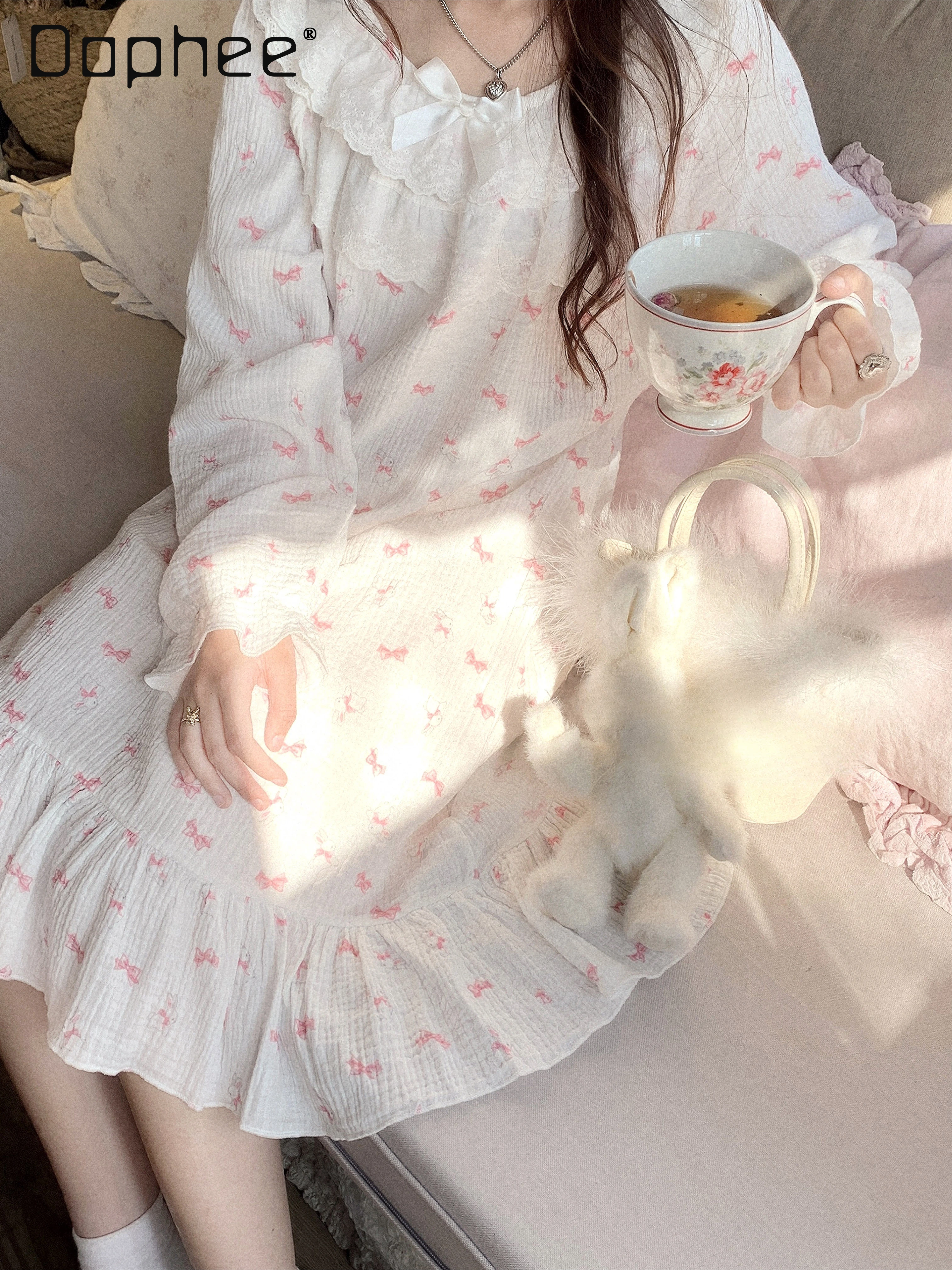 Japanese Style Cute Rabbit Print Long Nightgowns Tiered Lace Bow Long Sleeve Mid Length Sleepshirts Loungewear Sweet Girls