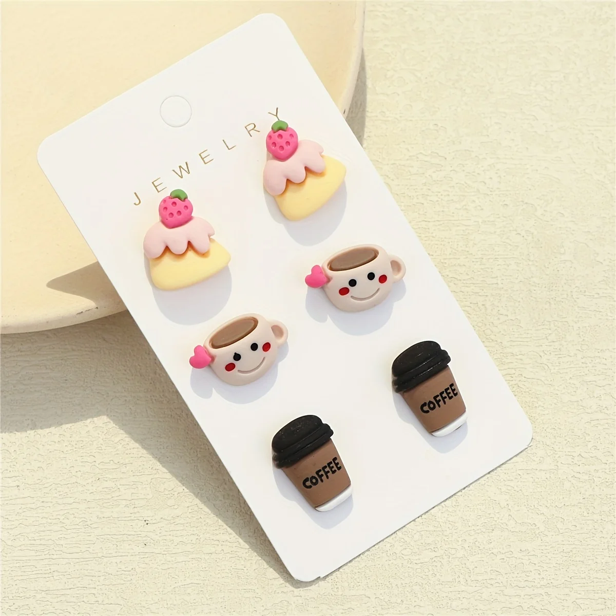 3Pairs/Set Cute Polyresin Cartoon Strawberry Cake & Coffee Cup Stud Earrings for Women for Daily Decoration