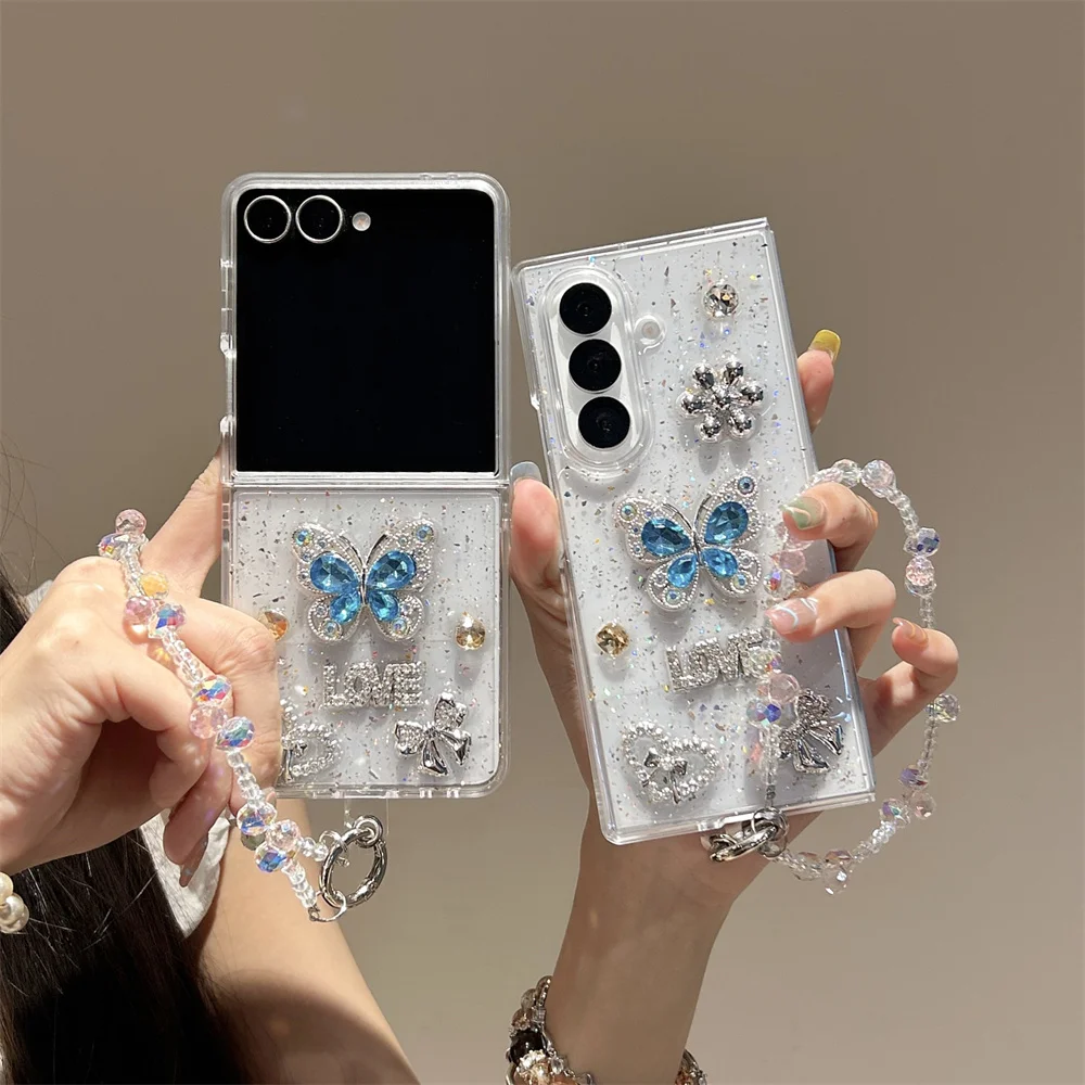 Luxury Chic Shiny Blue Rhinestone Butterfly Love Phone Case for Samsung Galaxy Z Fold 7 Crystal Bead Strap Cover for Z Flip 7-3