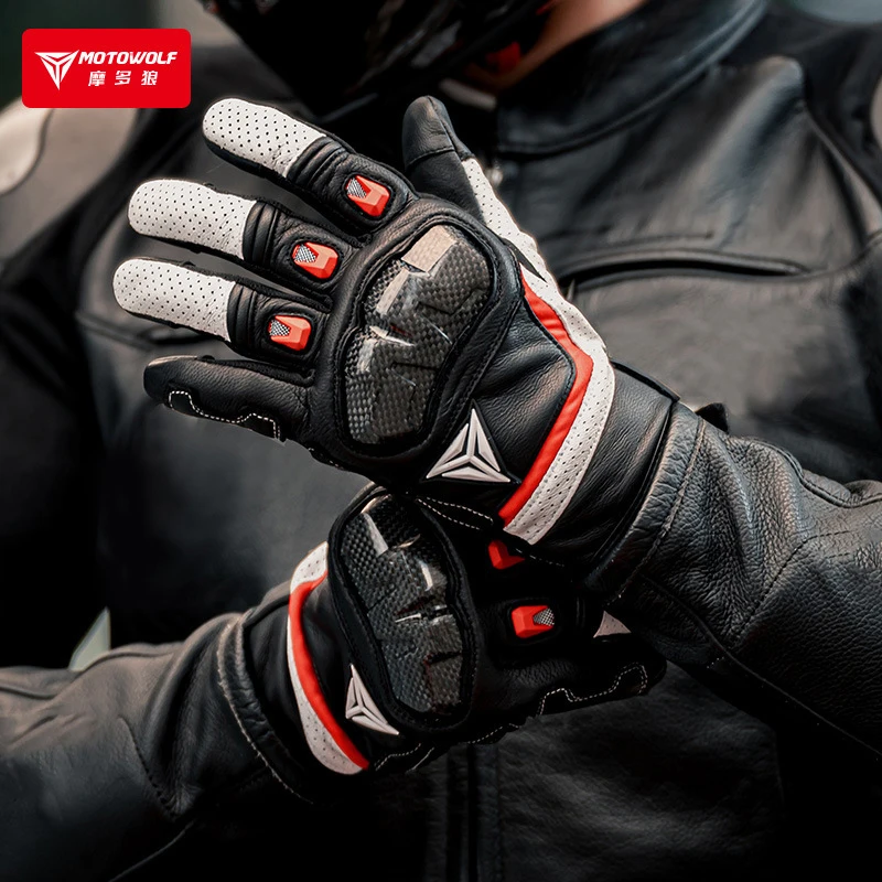 Guantes de cuero para motocicleta, protectores transpirables de dedo completo para pantalla táctil, ciclismo y Motocross