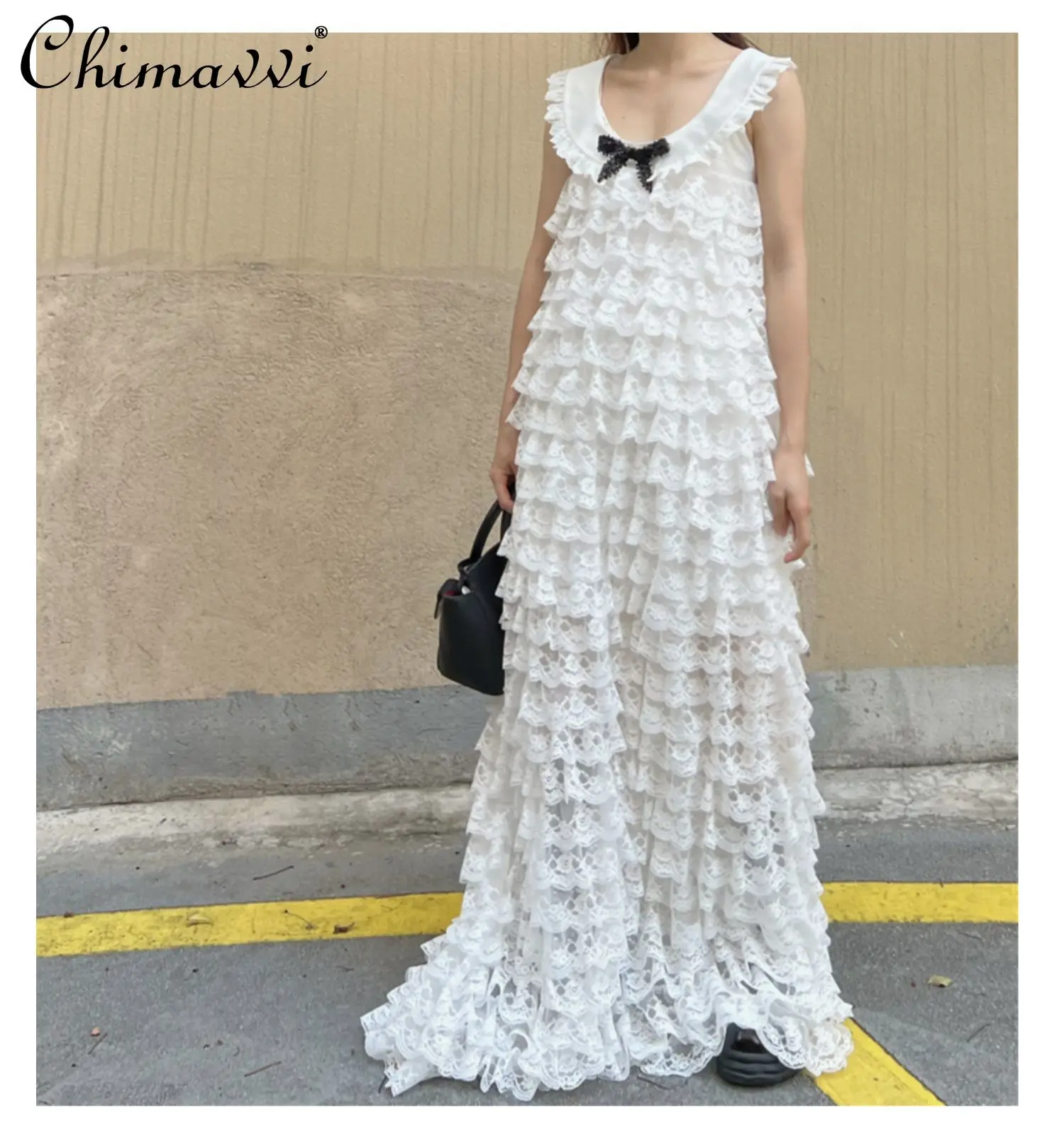 High-End Fashion Lace Tiered-Ruffle Dress Women's Girly Style Bow Doll Collar High Waist Loose Multi-Layer Lace Dress Two-Piece