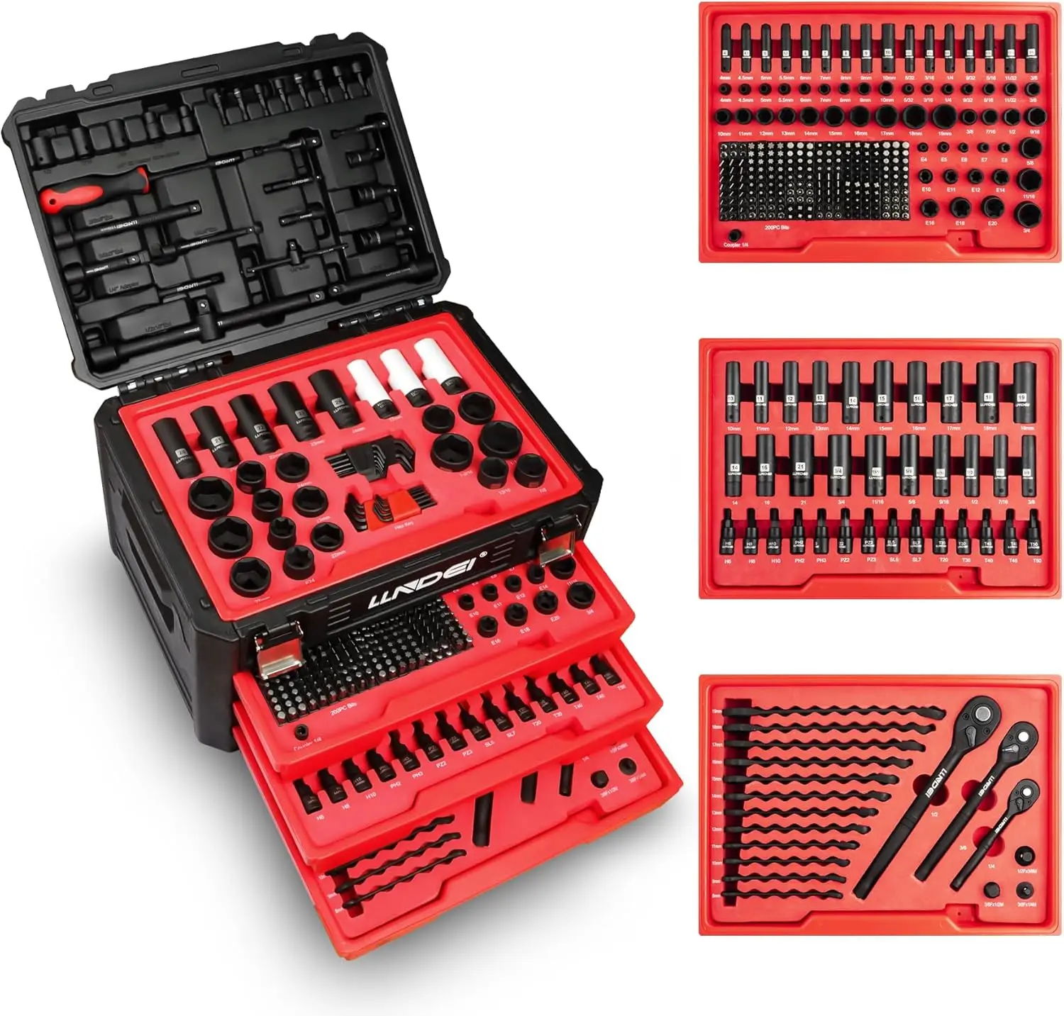

Mechanics Tool Set and Socket Set, 1/4' 3/8' 1/2' Drive Deep and Standard Sockets 12 Point, 390 Pcs