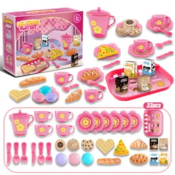 33pcs Tea Party Playset, Kitchen Toy Set for Girls, Pink, Purple, Green, Plastic, Role-Playing Toy with Dessert and Tableware