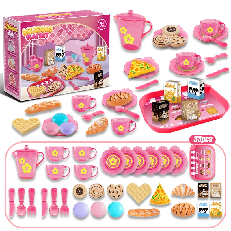 33-częściowy zestaw do zabawy na przyjęcie herbaciane, zestaw zabawek kuchennych dla dziewczynek, różowy, fioletowy, zielony, plastikowy, zabawka do odgrywania ról z deserem i zastawą stołową