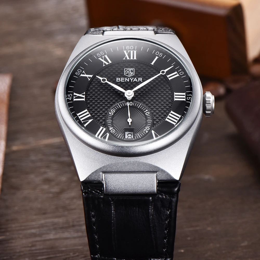 BENYAR 40MM Men\'s Watches Retro Dial Quartz Watch For Men Luxury Military Leather Original Watches Waterproof Clock Reloj Hombre