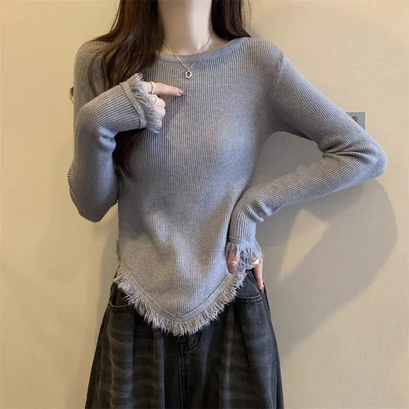 Autumn and Winter Sense of Design Round Neck Tassel Irregularity Long Sleeve T-shirt Female Slim Cut  Western Style Short Style