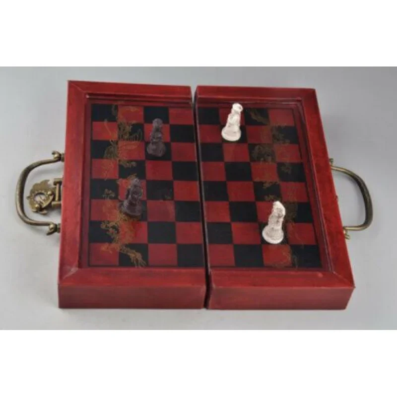 Foldable Vintage Chess Set Board Game Wood 32 Chess Pieces Collectables box