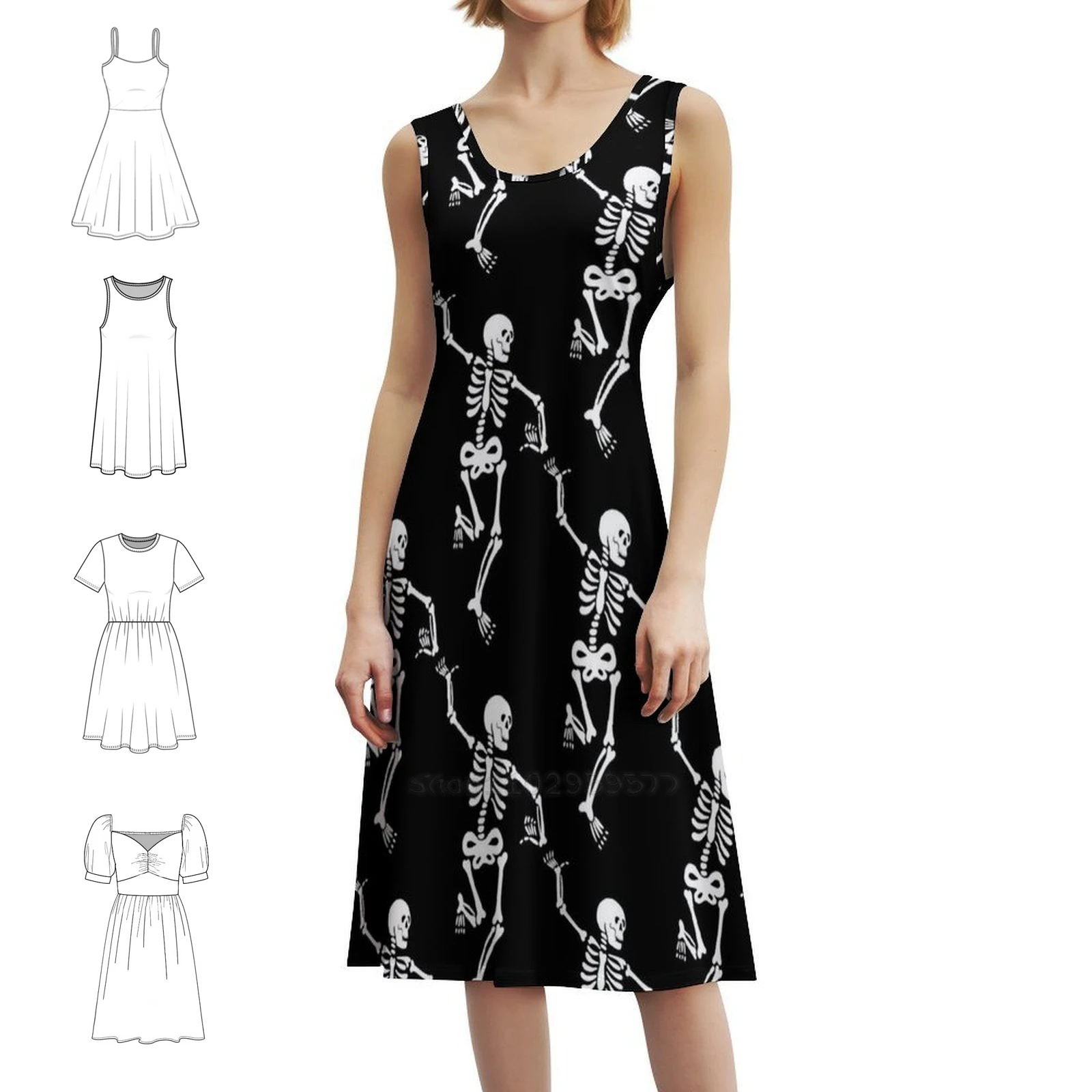 Halloween Dancing Skeletons Pattern On Black Background Women's Streetwear Party Dress Trendy Print Club Clothing For Female