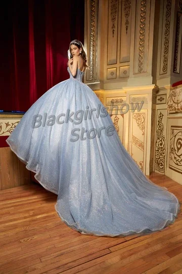 Vestidos de Quinceañera de tren de la capilla azul, apliques de cristal de fantasía brillante, vestidos de fiesta de cumpleaños de boda elegantes de lujo