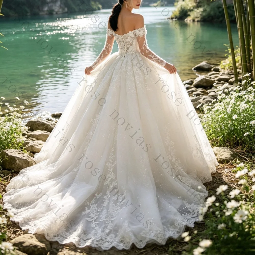 Customized Off Shoulder Short Sleeved Lace Fluffy Princess Wedding Dress High Waisted Backless Bridal Gown Suitable for Parties