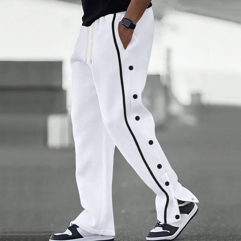 Men's side-seamed button-down sweatpants with color-block design, striped casual pants, loose straight street-style sweatpants