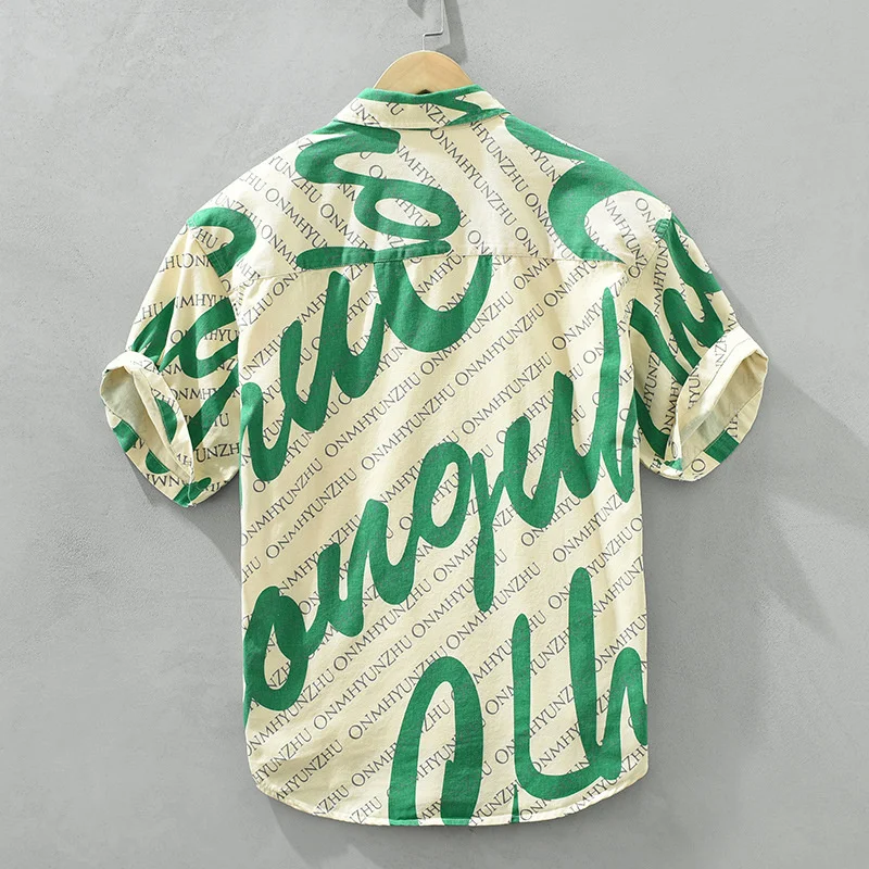 Spring and Autumn men's long sleeved shirt with letter printed fresh trendy brand fashion Hawaiian style loose casual shirt