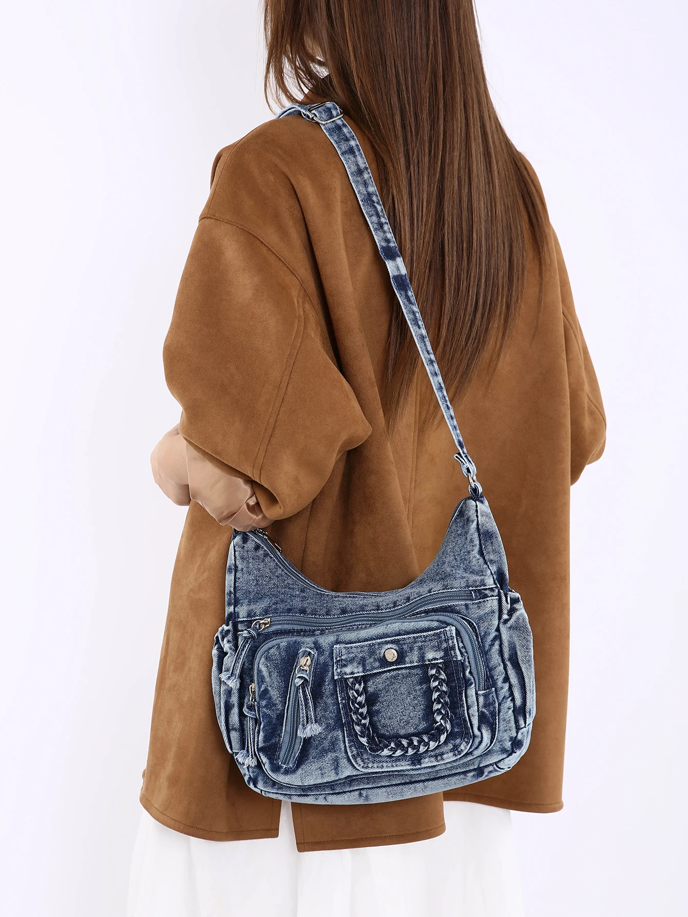 Ice Charm Retro Denim Crossbody Bag Women Large Capacity Multi Pocket Casual Daily Commuting Single Shoulder Bag Pure Color