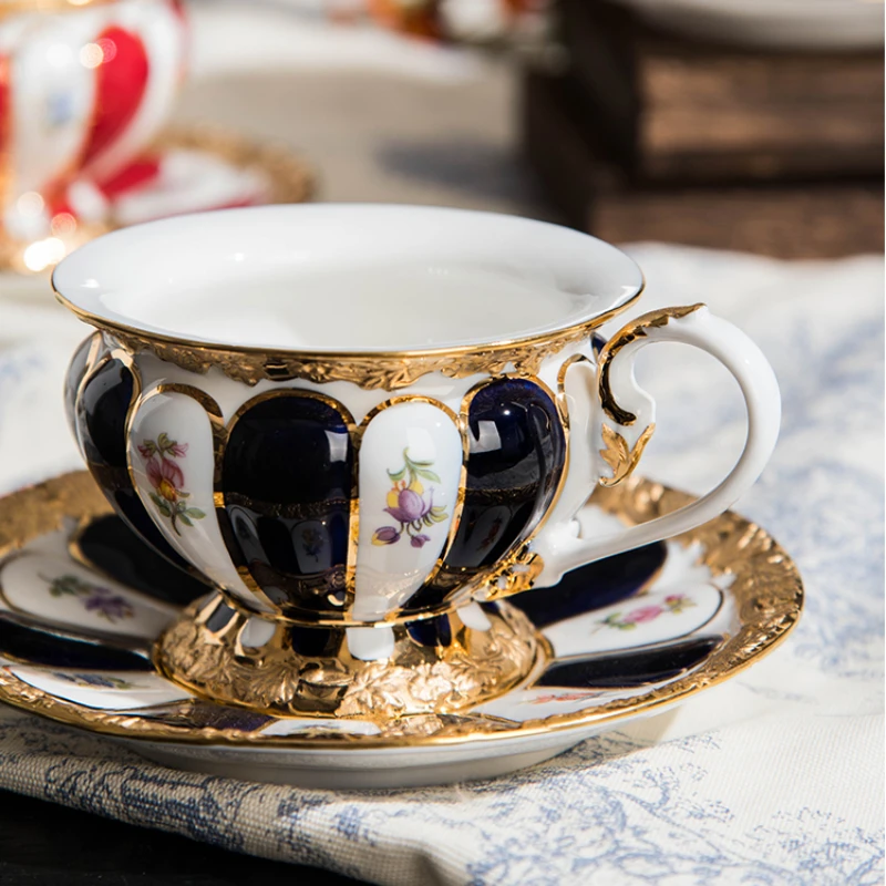 Luxury European Tea Set High-End Coffee Cups and Plates Style Reliefs with Gold Painting Techniques Fine Porcelain