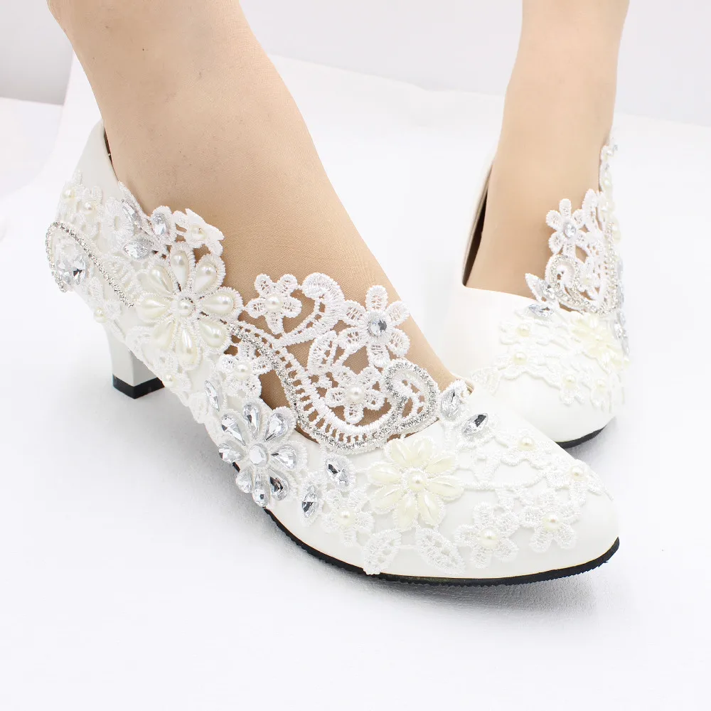 High heels white lace wedding shoes rhinestones decorative bridal shoes summer new products handmade wedding shoes