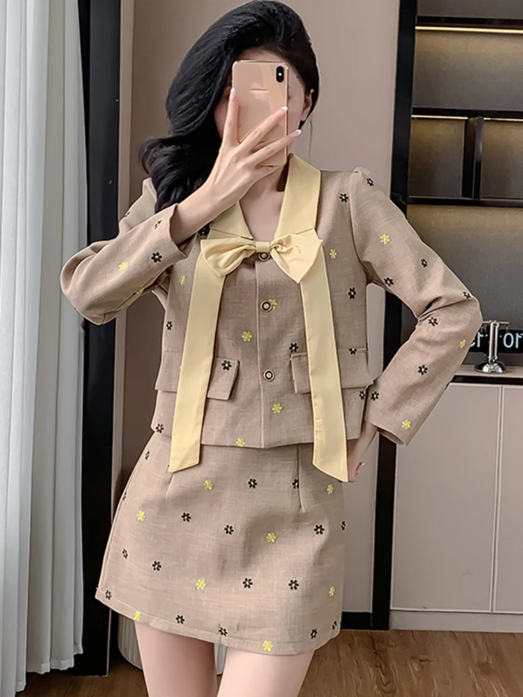 

High Quality Temperament 2 Piece Sets Women Embroidery Bowknot Short Jacket + Mini Skirts 2024 Autumn Fashion Office OL Outfits