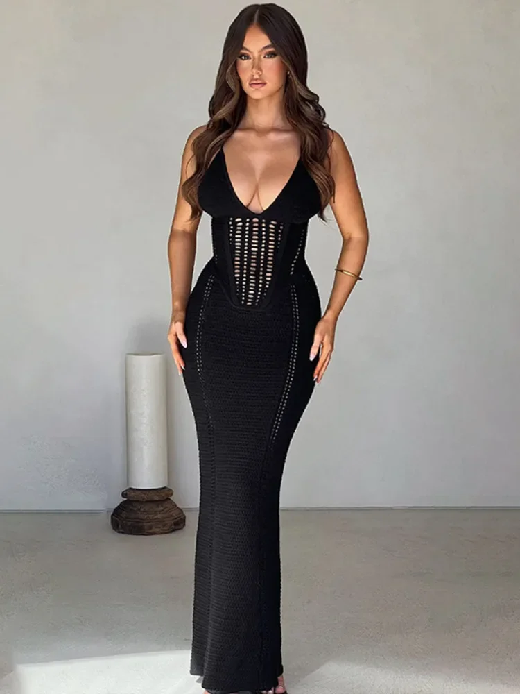 

Laxsesu Hollow Out Backless Knit Dresses for Women Spaghetti Strap Bandage Sleeveless Bodycon Club Party Sexy Long Dress Elegant