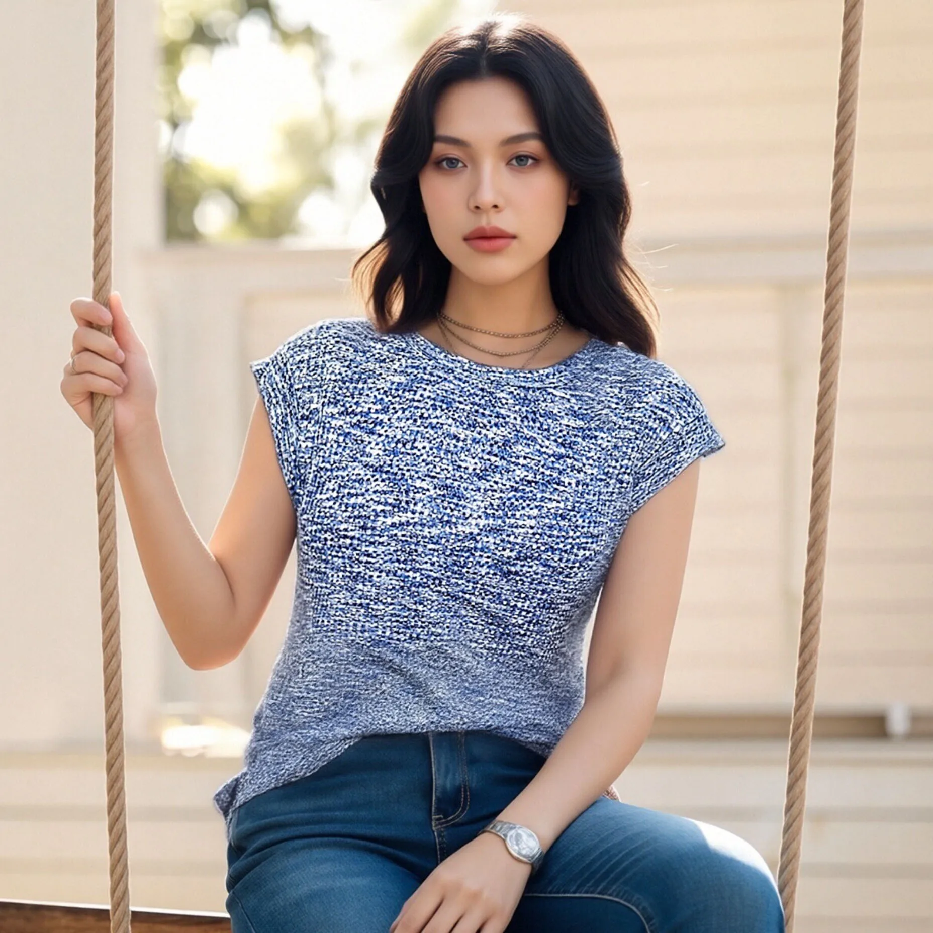 

Shirt Tops Women’s Waffle Texture T-shirt Round Neck Short Sleeve Top Loose Fit Knitted Tee for Wear Knitted Design T-shirt